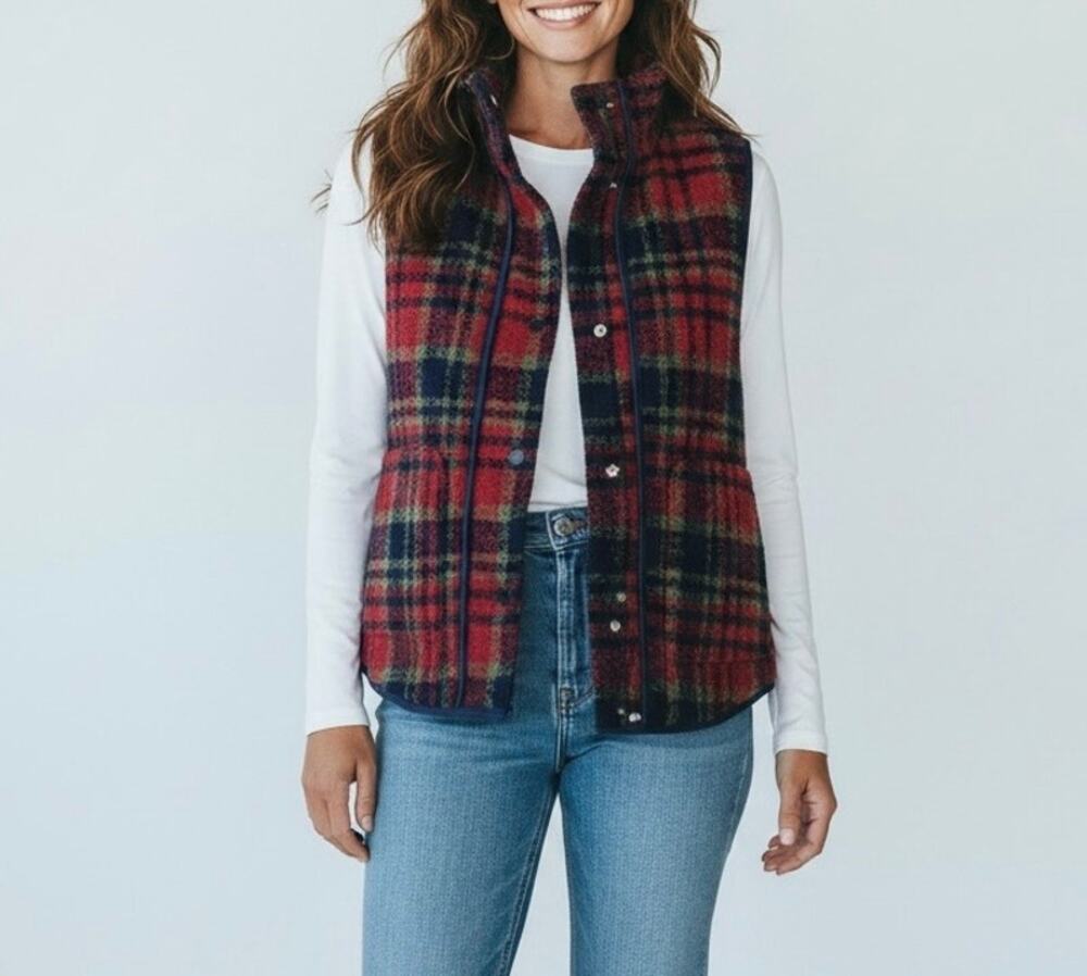 Natural Life Red Navy Tartan Plaid Vest Textured Fabric Warm Fall Layering